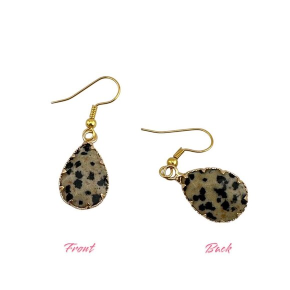 Dalmatian Jasper Teardrop Earrings Faceted Gemstone Gold Plated Ear Wires - Picture 3 of 9